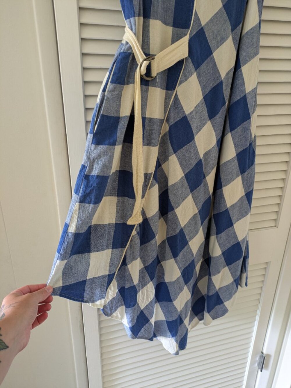 Anthropologie Maeve Belted Gingham Blue White Check Asymmetrical Dress, Size Med - Picture 7 of 10